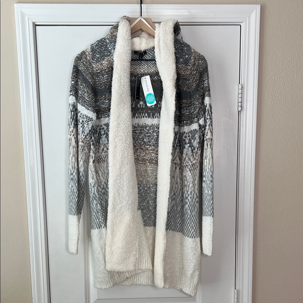 Cozy Hooded Open-Front Cardigan Sweater - Gray & Cream